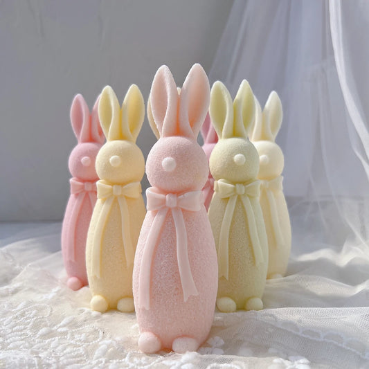 Two Designs Flocked Rabbit Silicone Candle Molds Bowknot Bunny Silicone Mold Animal Bunnies Wax Mould Easter Home Decor
