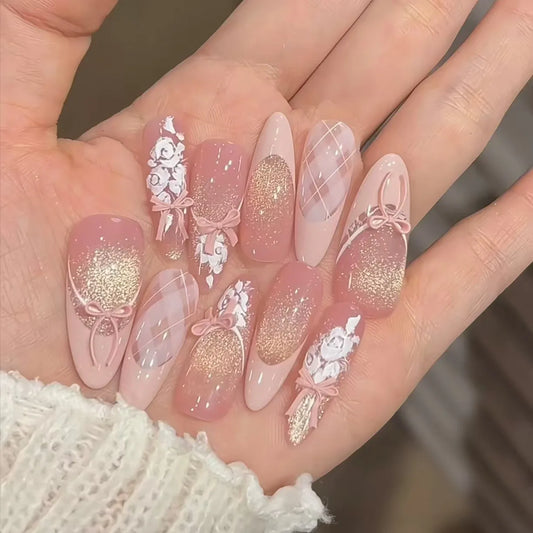 10pcs Handmade Almond Press On Nails Gradient Cat Eye Pink French Fake Nail Bow Design Full Cover Nail Tips Wearable False Nail