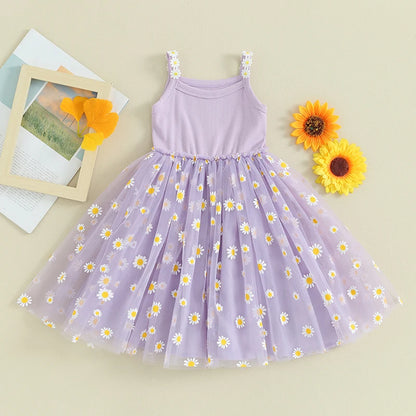 0-4Y Baby Girls Summer Dress Sling Sleeveless Daisy Print Mesh A-Line Princess Dress for Beach Party Kids Clothes