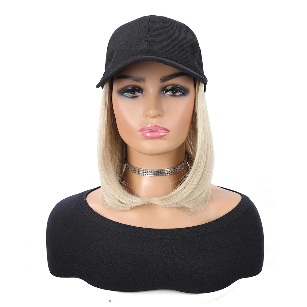 Baseball Cap with Synthetic Hair Extensions 10 Inches Straight Short Bob Hairstyle Adjustable Wig Hat for Women Girls