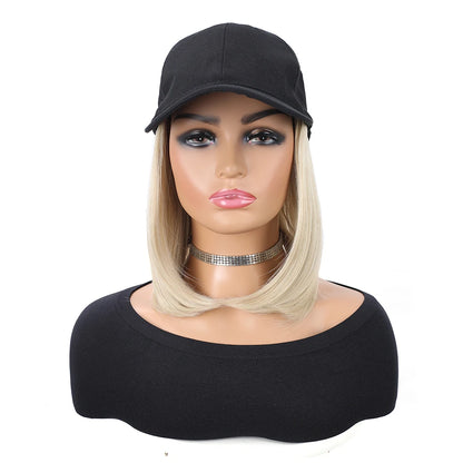 Baseball Cap with Synthetic Hair Extensions 10 Inches Straight Short Bob Hairstyle Adjustable Wig Hat for Women Girls