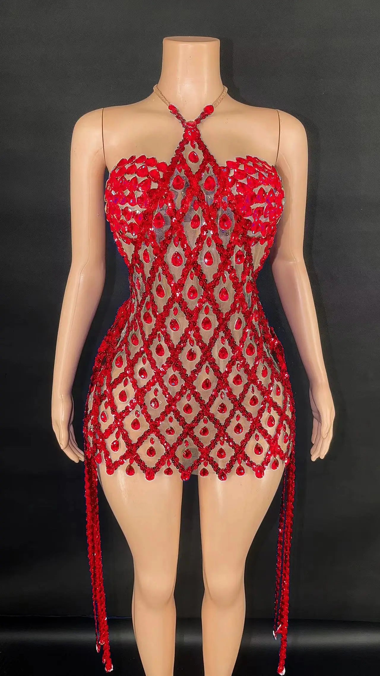 Sexy Sparkly Multicolor Rhinestones Sleeveless Mesh Transparent Short Dress Women Birthday Celebrate Prom Dance Dress Plus Size