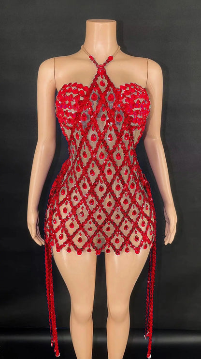 Sexy Sparkly Multicolor Rhinestones Sleeveless Mesh Transparent Short Dress Women Birthday Celebrate Prom Dance Dress Plus Size