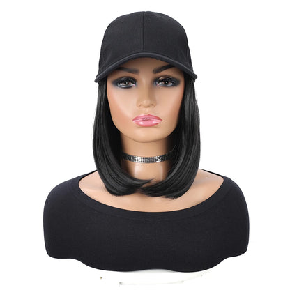 Baseball Cap with Synthetic Hair Extensions 10 Inches Straight Short Bob Hairstyle Adjustable Wig Hat for Women Girls