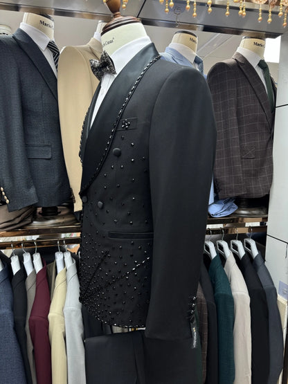 Classy Shawl Lapel Beaded Men Suit Vogue 2025 Chic Customized High Quality Set Vintage 3-pieces Party Interview Black Groom Wear