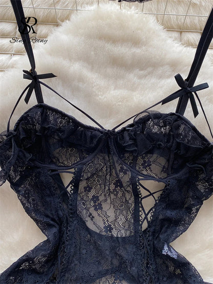 SINGREINY Lace Camis Open crotch Erotic Bodysuits Hollow Out Transparent Slim Playsuits Women Sexy Lingerie Sheer Porno Rompers