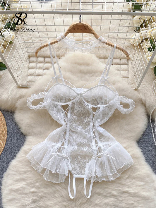SINGREINY Lace Camis Open crotch Erotic Bodysuits Hollow Out Transparent Slim Playsuits Women Sexy Lingerie Sheer Porno Rompers