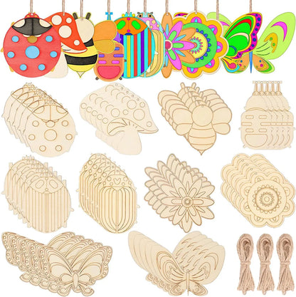 10pcs/set Easter Spring Wooden Ornament Insect Flower Hanging Pendants 2024 Spring Home Decorations DIY Gifts Wrapping Supplies