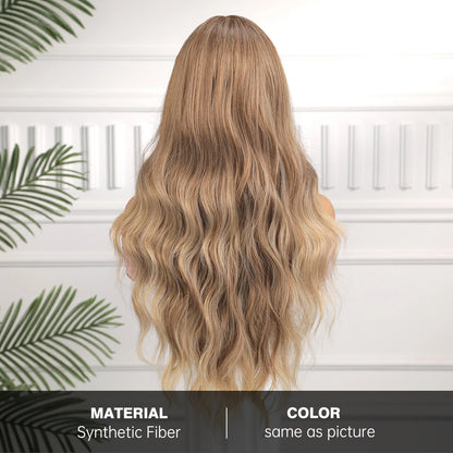 CharmSource Hairline Lace Wigs Brown Ombre Blonde Synthetic Long Wavy Wig with Long Bangs for Women Cosplay High Density Hair