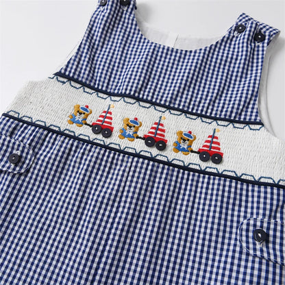 2024 Baby Summer Clothes Boy Embroidery Suspenders Pants Children Plaid Leisure Suit Infants Smocked Clothing Kids Outfits