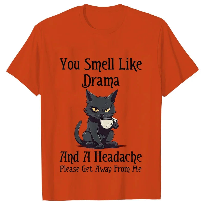 Black Cat Coffee T-shirts Women Pet Cartoon Tshirts You Smell Like Drama Print Women's Clothing Cat Mom Women Tee T-Shirts Tops