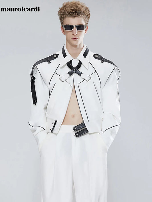 Mauroicardi Spring Autumn Short Patchwork Leather Jackets for Men Long Sleeve Runway Cool Luxury Designer Clothes Fashion 2022