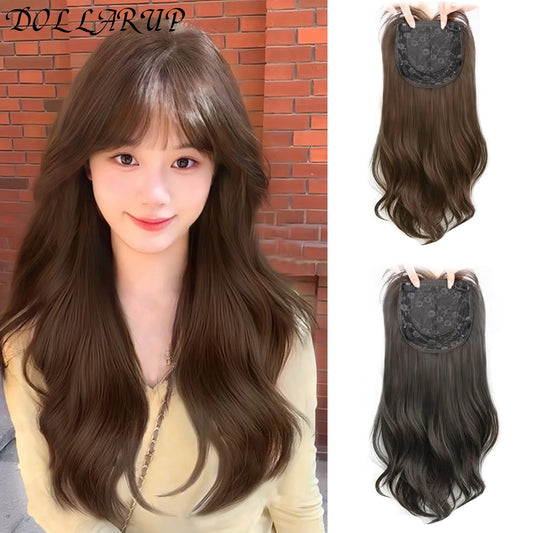 DOLLARUP  Hair Toppers with Bangs for Women Synthetic 12.5x12.5 Top Hairpieces Wigs Long Striaght Clip in Hair Extension