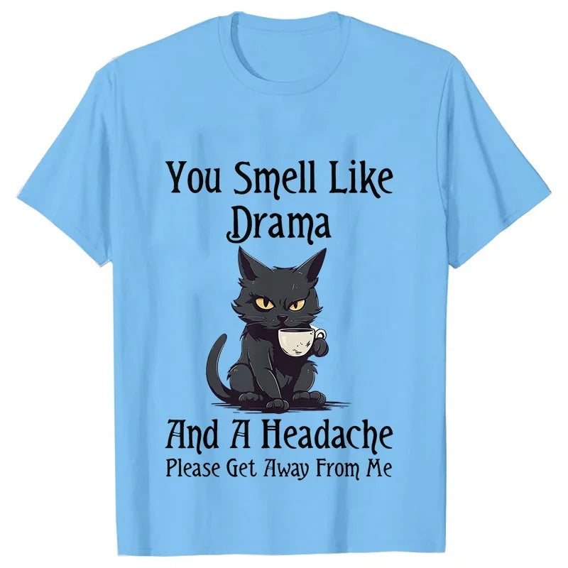 Black Cat Coffee T-shirts Women Pet Cartoon Tshirts You Smell Like Drama Print Women's Clothing Cat Mom Women Tee T-Shirts Tops