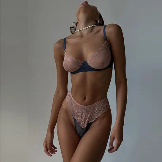 HIMEALAVO Sexy Lingerie Seamless Bra Sheer Lace Underwear Set Women 2 Piece Contrast Color Fancy Intimate See Through Outfits