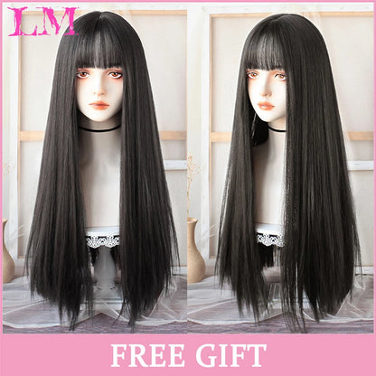 LM White Ombre Black Synthetic Wig for Women Long Curly Wave Wigs with Bangs Cosplay Party Heat Resistant Hair