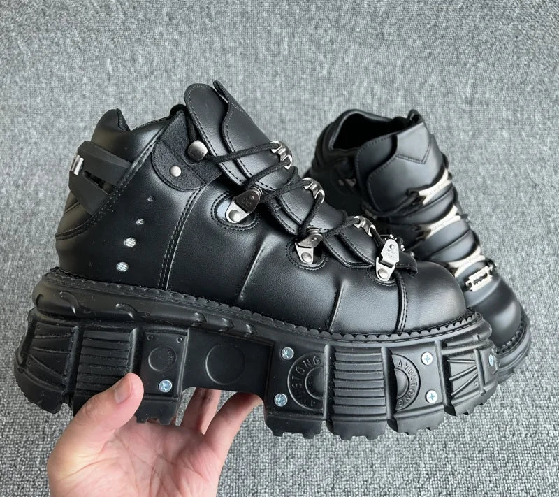 New Punk Style Women Shoes Lace-up Heel Height 6cm Platform Shoes Woman Gothic Ankle Rock Boots Metal Decoration Woman Sneakers