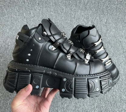 New Punk Style Women Shoes Lace-up Heel Height 6cm Platform Shoes Woman Gothic Ankle Rock Boots Metal Decoration Woman Sneakers