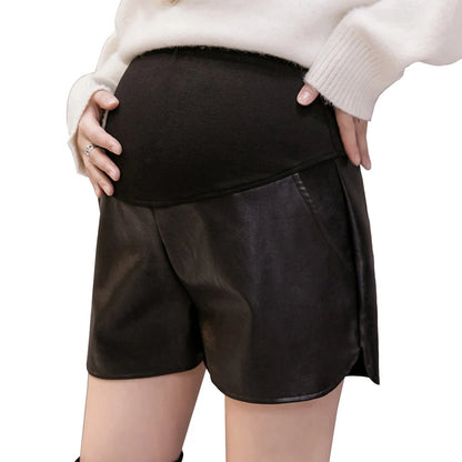 Cotton's Belly Patchwork PU Leather Shorts For Pregnant Women Fashionable Wide-legged Short Pants Maternity Side Split Trousers