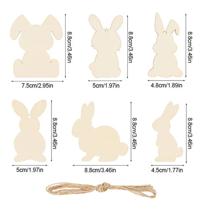 6/12Pcs Easter Wooden Bunny Pendants Blank Rabbit Wood Chips Kids Easter Party DIY Painting Crafts Gift Home Hanging Decoration