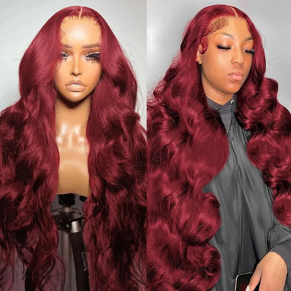 13x6 99j Burgundy Color Body Wave Lace Front Wig Human Hair Pre Plucked 210% Long Wavy Wave Lace Front Wig Human Hair For Women