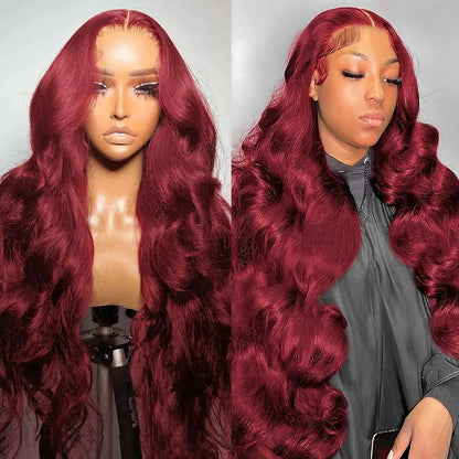 13x6 99j Burgundy Color Body Wave Lace Front Wig Human Hair Pre Plucked 210% Long Wavy Wave Lace Front Wig Human Hair For Women