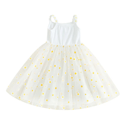 0-4Y Baby Girls Summer Dress Sling Sleeveless Daisy Print Mesh A-Line Princess Dress for Beach Party Kids Clothes