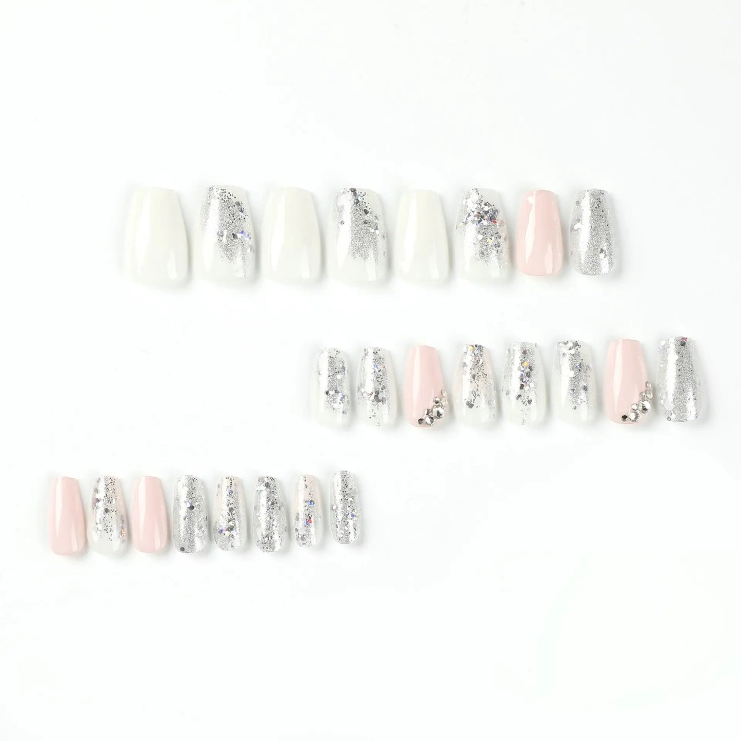 24 Pcs Glossy Short Coffin Press On Nails Pink And White French Style False Nails With Rhinestone Reusable Fake Nails