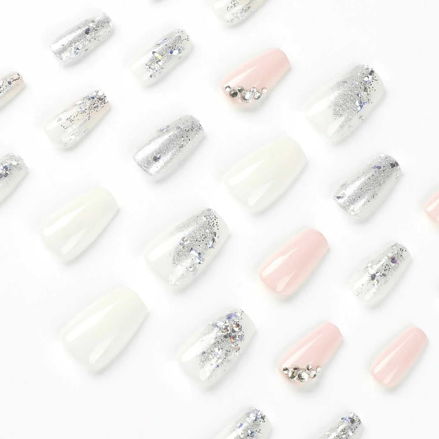 24 Pcs Glossy Short Coffin Press On Nails Pink And White French Style False Nails With Rhinestone Reusable Fake Nails