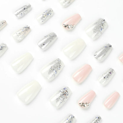 24 Pcs Glossy Short Coffin Press On Nails Pink And White French Style False Nails With Rhinestone Reusable Fake Nails