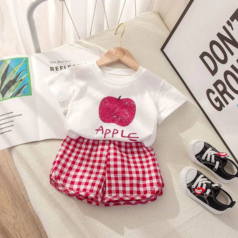 Baby Girls Clothes Sets Cute Fruit Print Short Sleeve+Plaid Shorts Toddler Summer Cotton T-Shirt Pant Set Outfits Kids Tracksuit