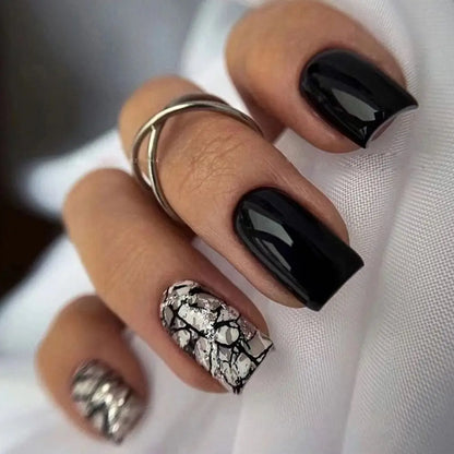 24pcs Square False Nails Glitter Heart White Crackle Fake Nails Full Cover Press on Nails Nail Tips DIY Women Girls Nails