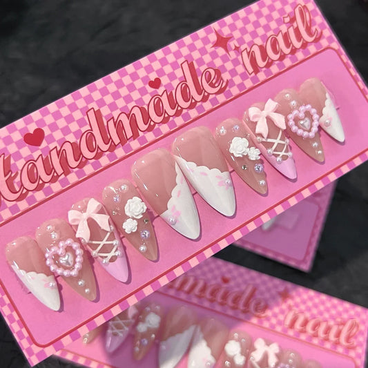 10Pcs French Almond Handmade Press on Nails Bowknot Fake Nails Wearable Stick-on Nails False Nail Накладные Ногти Faux Ongles