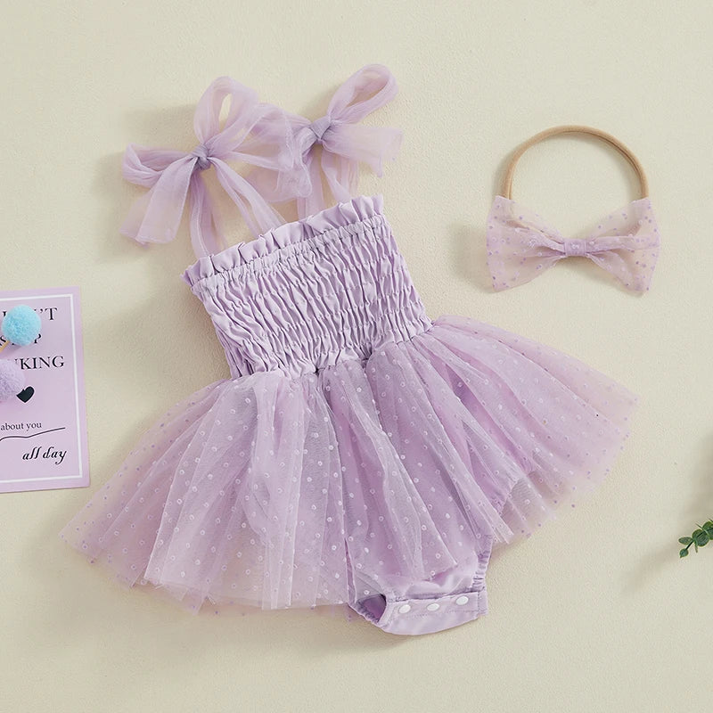 FOCUSNORM 0-18M Infant Baby Girls Princess Romper Dress 2pcs Strap Sleeveless Lace Up Dot Mesh Tulle Jumpsuits Hairband