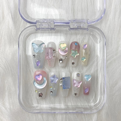 10Pcs Cute Handmade Sweets Press on Nails Ballet French Rhinestone Decoration False Nails Wearable Manicure Fake Nail Tips Art