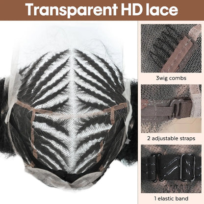 6 Inch Afro Cornrow Braided Wigs with Baby Hair Synthetic Full Lace Braid Wig Double Ponytail Bun Head Knotless Wig