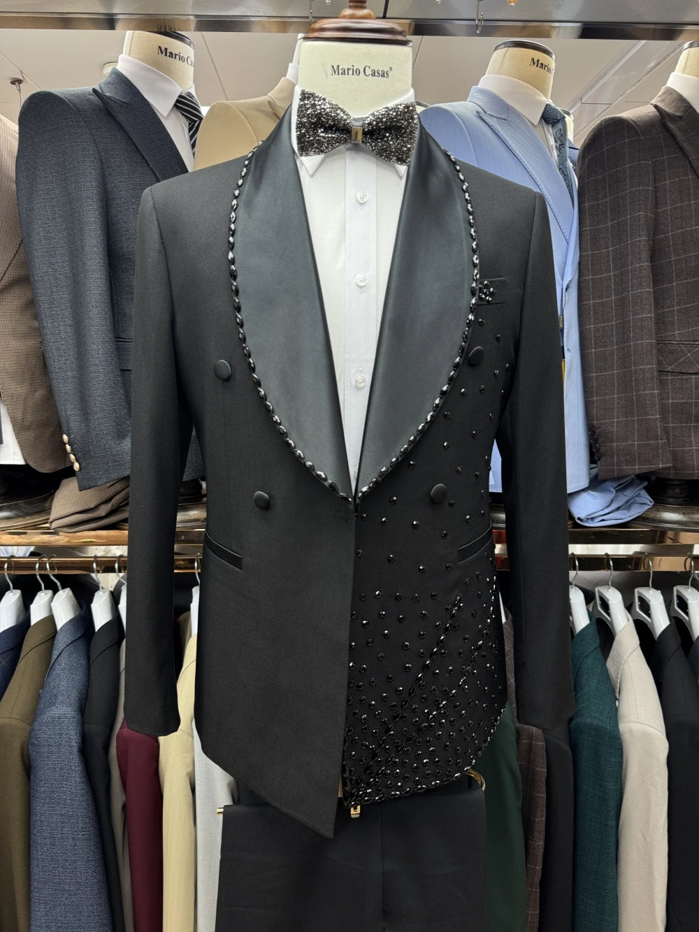 Classy Shawl Lapel Beaded Men Suit Vogue 2025 Chic Customized High Quality Set Vintage 3-pieces Party Interview Black Groom Wear