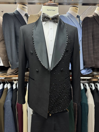 Classy Shawl Lapel Beaded Men Suit Vogue 2025 Chic Customized High Quality Set Vintage 3-pieces Party Interview Black Groom Wear