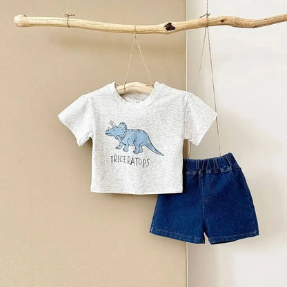 Summer Newborn Baby Boys Clothing Set Dinosaur Print Short Sleeved 2Pcs Casual Denim Shorts Overall Suit Toddler Boys Outfit