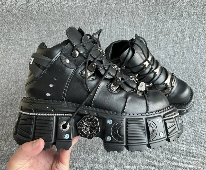 New Punk Style Women Shoes Lace-up Heel Height 6cm Platform Shoes Woman Gothic Ankle Rock Boots Metal Decoration Woman Sneakers