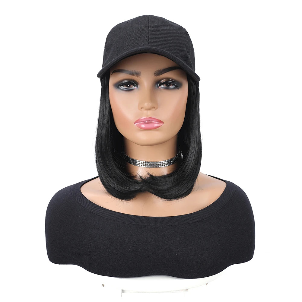 Baseball Cap with Synthetic Hair Extensions 10 Inches Straight Short Bob Hairstyle Adjustable Wig Hat for Women Girls