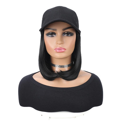Baseball Cap with Synthetic Hair Extensions 10 Inches Straight Short Bob Hairstyle Adjustable Wig Hat for Women Girls