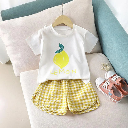 Baby Girls Clothes Sets Cute Fruit Print Short Sleeve+Plaid Shorts Toddler Summer Cotton T-Shirt Pant Set Outfits Kids Tracksuit