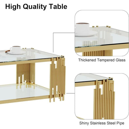(Spring Sale) Coffee Table, Modern Living Room Table, Gold Legs, 51 Inch Rectangular Clear Tempered Glass Material Coffee Table