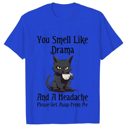 Black Cat Coffee T-shirts Women Pet Cartoon Tshirts You Smell Like Drama Print Women's Clothing Cat Mom Women Tee T-Shirts Tops