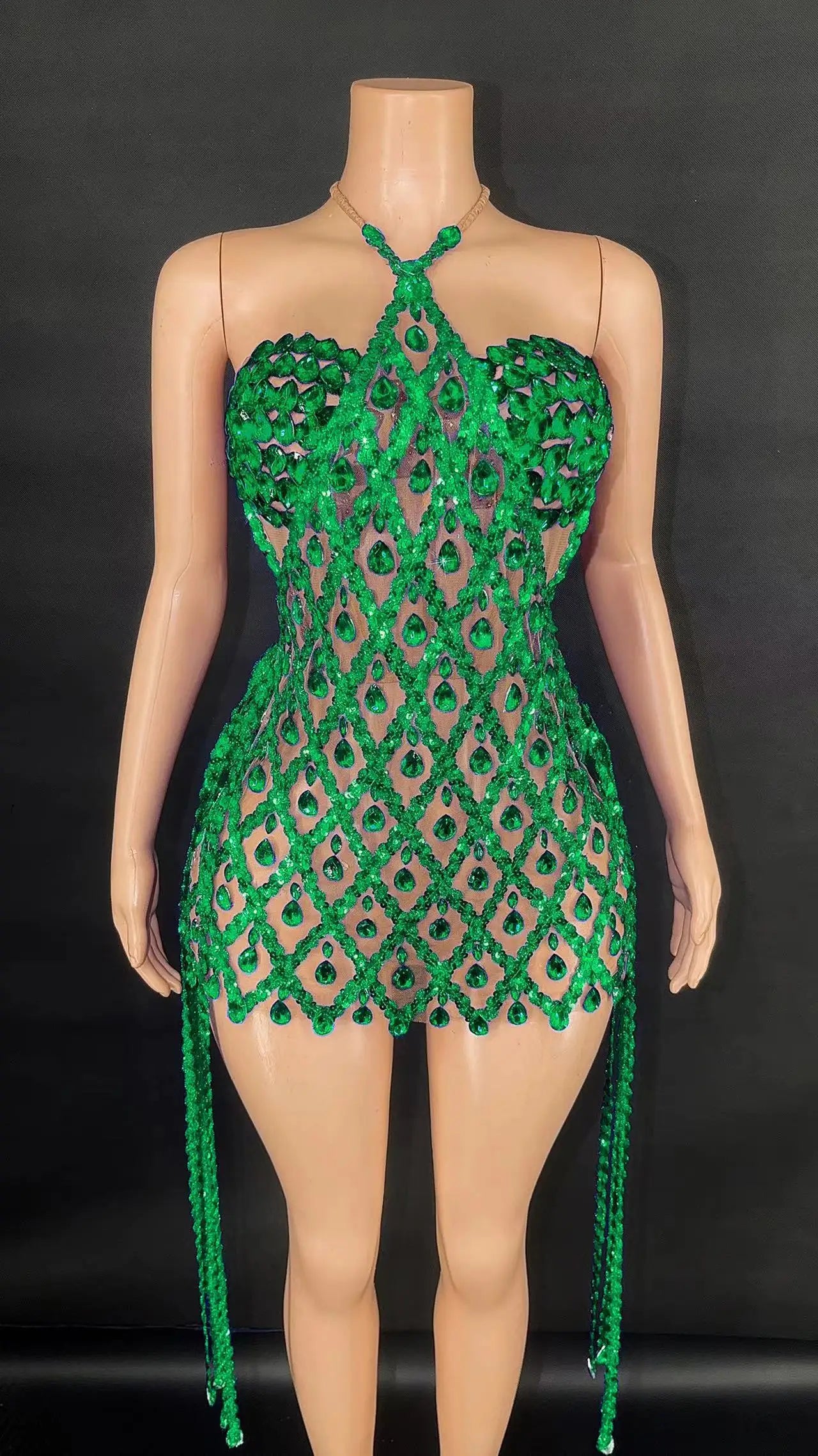 Sexy Sparkly Multicolor Rhinestones Sleeveless Mesh Transparent Short Dress Women Birthday Celebrate Prom Dance Dress Plus Size