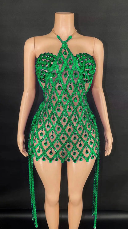 Sexy Sparkly Multicolor Rhinestones Sleeveless Mesh Transparent Short Dress Women Birthday Celebrate Prom Dance Dress Plus Size