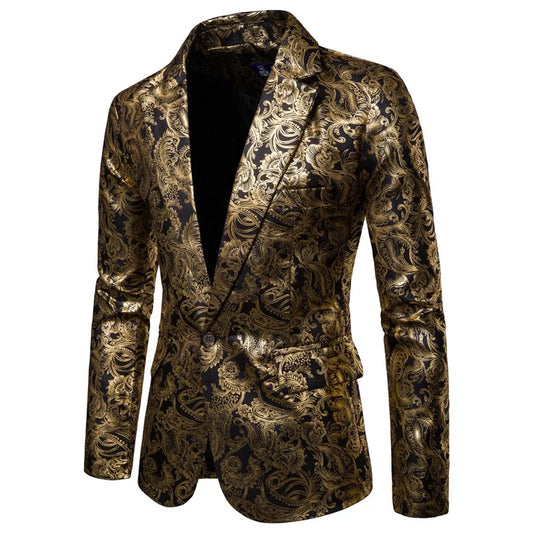 2023 Men's Golden Floral Blazers Business Casual Suit Wedding Dress Gold Blazer Men
