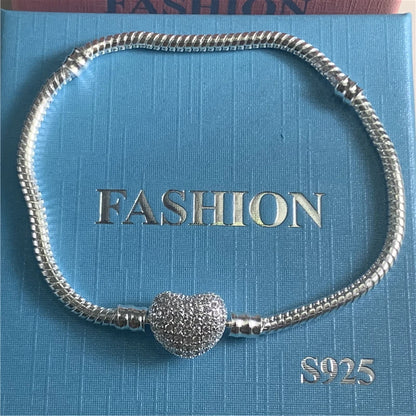 Hot Sale New Silver Color Bracelet Shiny Zircon Heart Bracelet Love Bracelet For Women Fit Original Charm Jewelry Gift