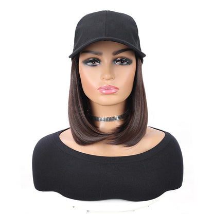 Baseball Cap with Synthetic Hair Extensions 10 Inches Straight Short Bob Hairstyle Adjustable Wig Hat for Women Girls
